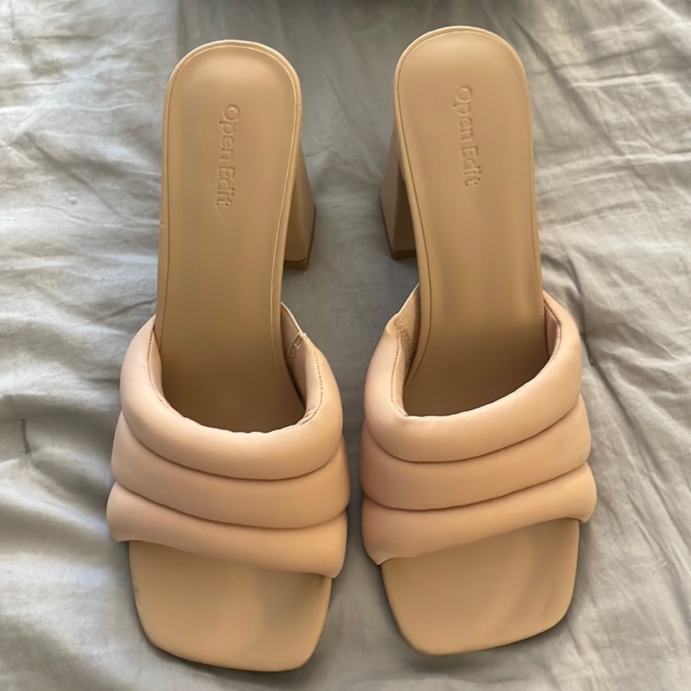 Open edit nude block heels sandals size 8